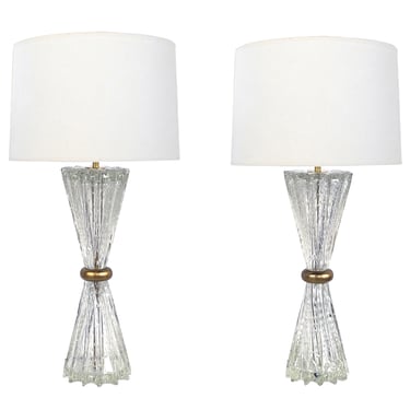 Shapely Pair of Murano Barovier &amp; Toso Clear Bullicante Lamps with Pinched Mid-section