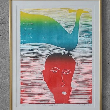 Michael Casford, Professor Brainbird, Color Woodcut, Framed 