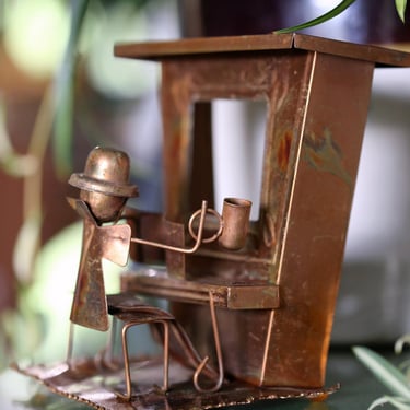 Vintage Copper Musician Sculpture | Handmade Metal Art Figurine with Mirror | Boho Eclectic Decor | 6x6x4.25