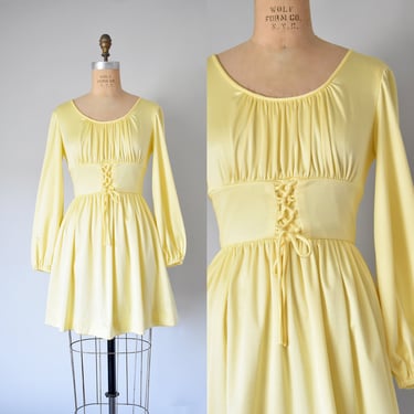 Heather yellow corset dress, yellow 70s mini dress, bohemian hippie 1970s dress, ballet, kidcore, vintage dresses 