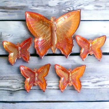 Vintage Jeannette Glass Marigold Carnival Glass Butterfly Master Nut Dish Set 