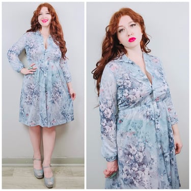 1970s Vintage Light Blue Semi Sheer Poly Knit Dress / 70s / Floral Print Button Up Elastic Shirt Dress / Large 