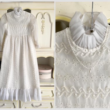 Vintage 1970’s girls white sheer eyelet dress, floor length dress | wedding, first communion, Christmas dress 