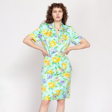 Medium 80s Escada Aqua Blue Floral Skirt Suit Set | Vintage Short Sleeve Blazer Jacket & Knee Length Skirt Two Piece Outfit 