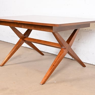 Heritage Henredon Mid-Century Modern Cherry Wood X-Base Extension Dining Table, Newly Refinished