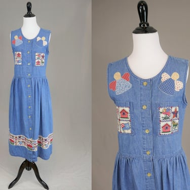 80s 90s Blue Denim Jean Dress - Primitive Angels Stars American Flags - Sleeveless Summer Dress - Mizz Lizz - Vintage 1980s 1990s - S M 
