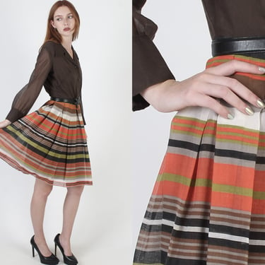 70s Carefree Retro Party Dress, Autumn Color Striped Pleated Skirt, Horizontal Lined Minimalist Mini Dress 