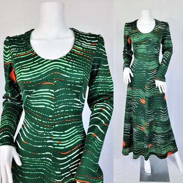 1970's Forest Green Poppy Print Long Poly Maxi Dress I Sz Med I Stripes 