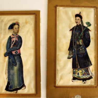 Pair of Antique Portraits Ink Drawing on Silk Chinese Mandarin 19th Century Unframed 