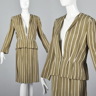 Large Pauline Trigere Skirt Suit Blazer Jacket 1980s Business Suit Designer Summer Linen Suit Fitted Waist Stripe Skirt Suit Vintage  80s 