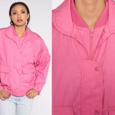 Bright Pink Windbreaker 80s Jacket Zip Up Snap Jacket Retro Boho Spring Coat Hipster Girly Kawaii Normcore Basic Vintage 1980s Large L 