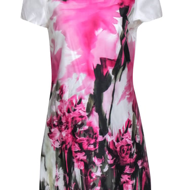 Milly - Ivory, Pink, & Black "Painted Floral Chloe" Cap Sleeve Dress Sz 6