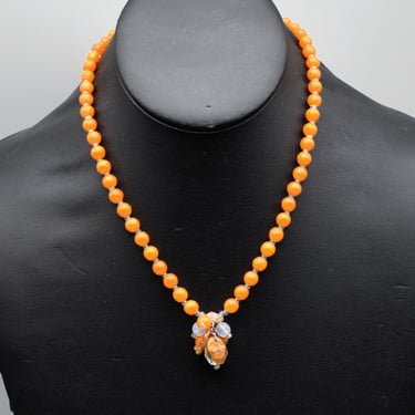 80's bright orange & clear glass leafy sterling cha cha pendant, funky 925 silver beaded boho necklace 