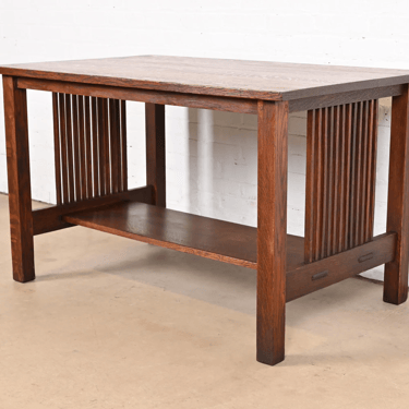 Gustav Stickley Mission Oak Arts &#038; Crafts Spindle Writing Desk or Library Table, Circa 1900