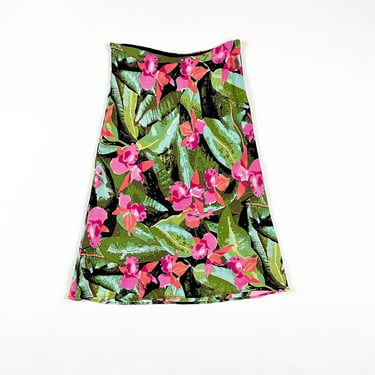 y2k Tropical Print Midi Skirt / Rayon / Bias Cut / Slip Skirt / Slinky / J LO / Green and Pink / Rainforest / 00s / Grunge / 1990s / M / 