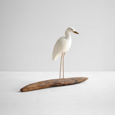 Antique Crane Bird Figurine on Wood Base, Shore Bird Statue 