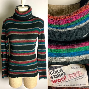 Vintage 70s Black Multi Colored Turtleneck Pullover Sweater Size Medium 