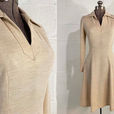 Vintage Mod Beige Dress Tan Ivory Long Sleeves Sleeve A-Line Scooter Twiggy Skater Circle Dagger Collar Small 1960s 