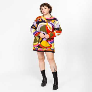 1X 70s Psychedelic Pucci Style Tunic Top | Vintage Colorful Long Sleeve Retro Mod Micro Mini Shift Dress 