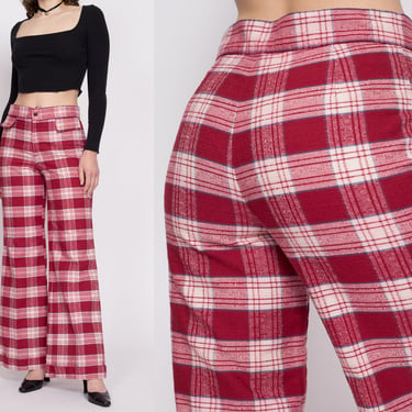 70s Red Plaid High Waisted Pants - Men's Small, Women's Medium, 31" | Retro Vintage Wide Leg Cuffed Trousers 