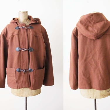 Vintage 60s Toggle Coat S M - 1960s Hooded Brown Rust Wool Short Duffel Jacket - Boxy Vintage Jacket - Wood Toggles - Prep Minimalist 