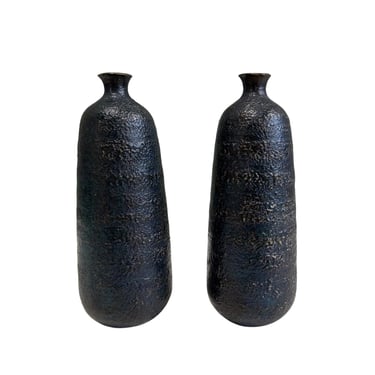 Japanese Craftsman Bronze Vases Black Volcanic Patinated Enamel, Japan 1930's