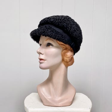 Vintage 1960s Black Curly Persian Lamb Mod Cap by Leslie James, Bullock's Wilshire Genuine Astrakhan Fur Designer Hat, 22" 