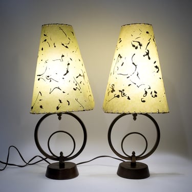 Matching MCM Lamps with Fiberglass Parchment Shades, Ring Design Base, Boudoir Size, 1950s 