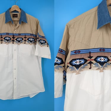 Vintage 90s Plains Western Wear Men's Large Short Sleeve Southwestern Print Pearl Snap Shirt 