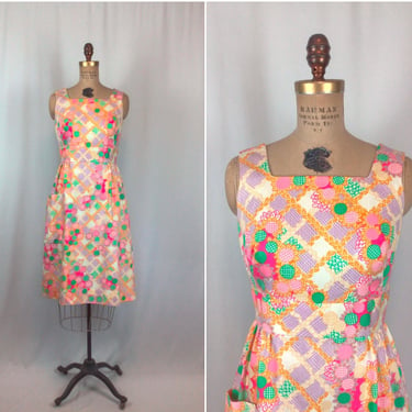 Vintage 60s dress | Vintage floral patchwork print dress | 1960s colorful cotton summer dress 