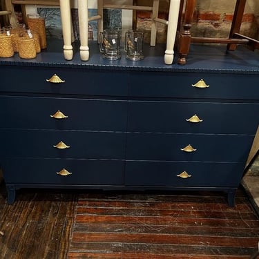 Asian inspired blue painted 8 drawer dresser. 59” x 22.5” x 35.5” 