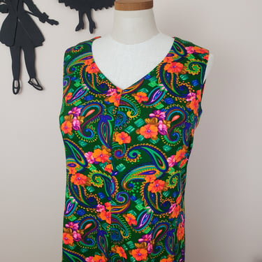 Vintage 1960's Rainbow Floral Dress / 70s Psychedelic Paisley Maxi Dress L 