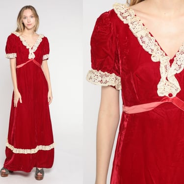 Velvet Maxi Dress 70s Red Party Gown Puff Sleeve Empire Waist Crochet Lace Trim 60s Bohemian Seventies Prom Holiday Vintage 1970s Medium M 