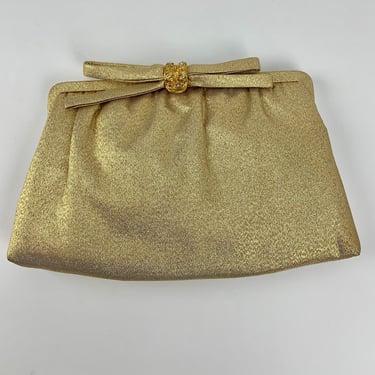 1950'S-60's Gold Clutch - Rhinestone studded Clasp - Satin Lined with Attached Coin Purse - After Five Label - Made in the USA 