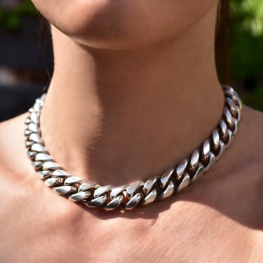 TAXCO Solid Sterling Silver Cuban Link Choker Necklace, Thick Chunky Chain Link Collar Necklace, 15