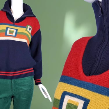 Vintage mod ski sweater. High zip-up neck. Colorful earthy geometric mcm mod relaxed stripes. Warm wool blend. 70s 80s (M) 