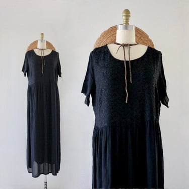 imperfect embroidered chiffon maxi dress - m - see details - vintage 90s y2k dark blue navy long womens size medium short sleeve spring 