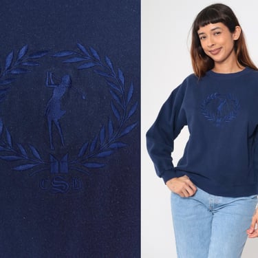 Vintage 90s Women's Golf Sweatshirt 1990s Sir Christopher Hatton Navy Blue Crewneck Athletic Sports Embroidered Crest Pullover Medium 