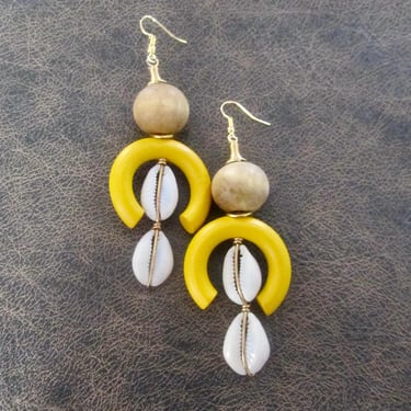 Bold chunky cowrie shell and yellow wooden earrings 2 