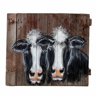 Antique American Architectural Barn Door Cow Folk Art Painting 