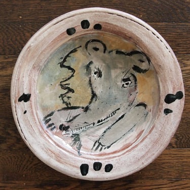 Original RON MEYERS Ceramic RAT Plate, 10" Dia. Studio Pottery Dish Abstract Mid-Century Modern rodent possum wolf cartoon eames era 