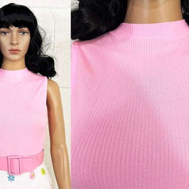 Vintage Mockneck Sleeveless Top Mock Neck Helen Sue Tank 70s 1970s Mod Barbie Pink Ribbed Knit 1960s 60s Medium Small XS 