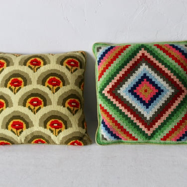 1970's Psychedelic Needlepoint Square Pillows Vintage-a pair 