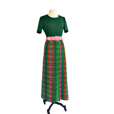Vintage 60s green pink & orange plaid maxi dress by Leslie Fay Knits| Madras style striped dress| VFG 