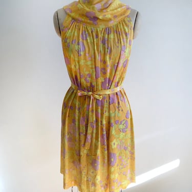 Bright Yellow/Orange Floral Print Dress - 1960s 