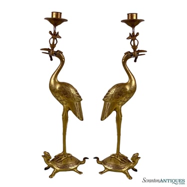 Vintage Hollywood Regency Asian Crane Figural Brass Candlestick Holders - A Pair