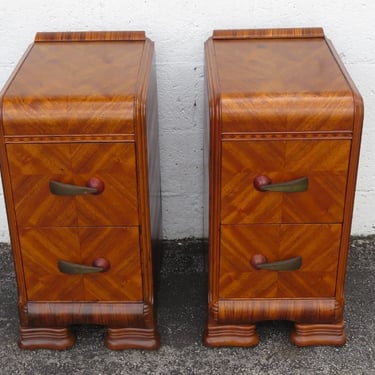 Art Deco Waterfall Tall Narrow Nightstands End Side Bedside Tables a Pair 5300