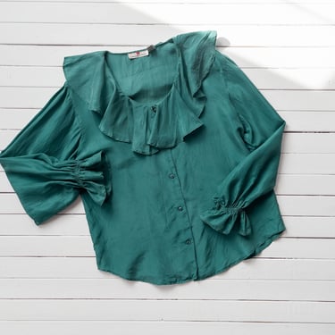 silk ruffled blouse | 80s 90s vintage forest green cottagecore dark academia romantic ruffled collar long sleeve silk shirt 