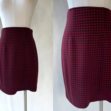1990's Black & Dark Red Checkered Mini Pencil Skirt by d'Knits Francine Browner Size XS/S | School Girl, Holiday, Christmas, Professional 