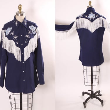 1970s 1980s Dark Navy Blue and Light Blue Long Sleeved Pearl Snap White Fringe Western Mens Shirt by Tony Alamo of Nashville -M 
